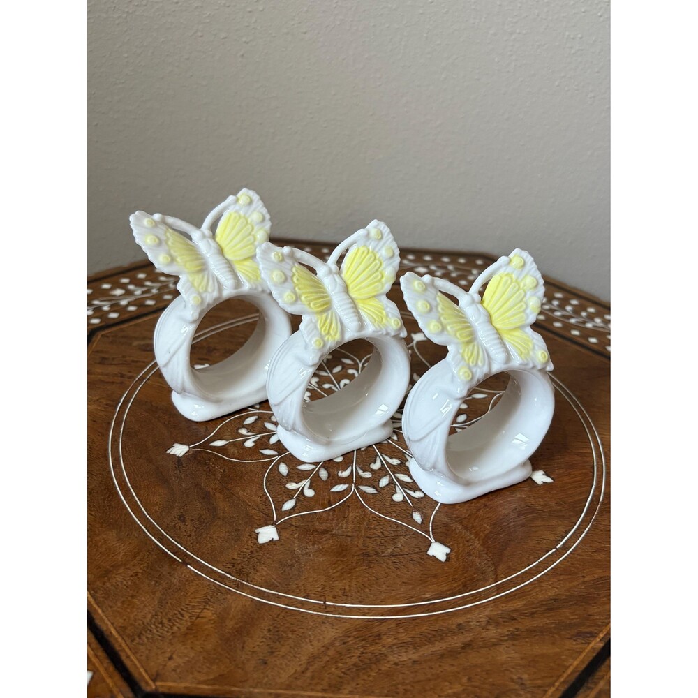 Vintage Set Of 3 Ardalt Ceramic Yellow Butterfly Napkin Rings
